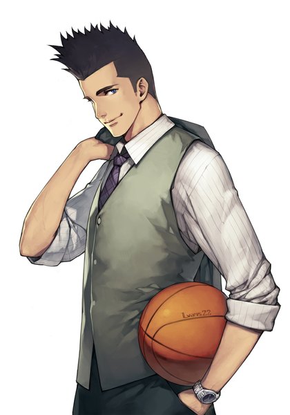 Anime picture 770x1100 with slam dunk (series) akira sendou lvans single tall image looking at viewer short hair black hair simple background smile white background purple eyes signed hand in pocket twisty sleeves basketball boy shirt necktie vest