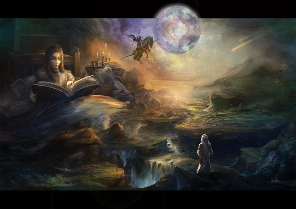 Anime picture 1200x849 with original hayaken (artist) long hair brown hair sky silver hair cloud (clouds) from behind landscape fantasy rock reading girl wings bed candle (candles) planet horse