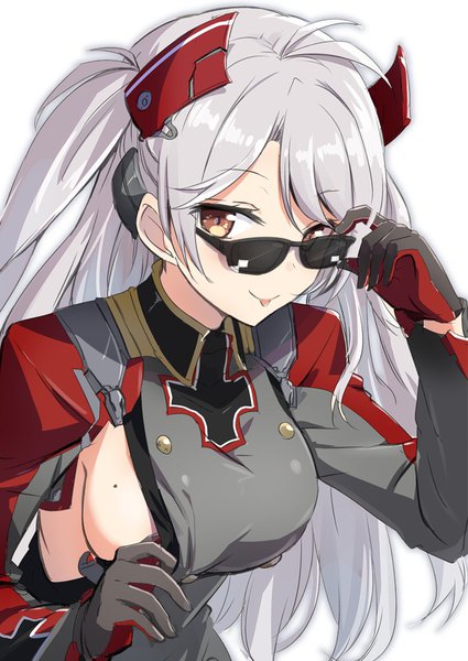 Anime picture 724x1023 with azur lane prinz eugen (azur lane) gotyou single long hair tall image looking at viewer blush fringe breasts light erotic simple background smile large breasts white background brown eyes silver hair upper body ahoge long sleeves
