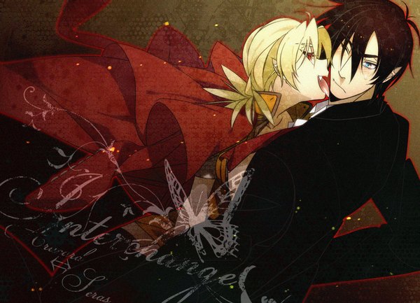 Anime picture 1800x1300 with hellsing alucard (hellsing) seras victoria wi (artist) blush highres short hair blue eyes black hair blonde hair red eyes profile one eye closed pointy ears wink inscription teeth fang (fangs) couple open collar