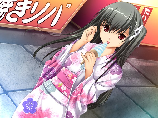Anime picture 1024x768 with fluorite memories long hair black hair red eyes game cg japanese clothes girl food sweets kimono ice cream