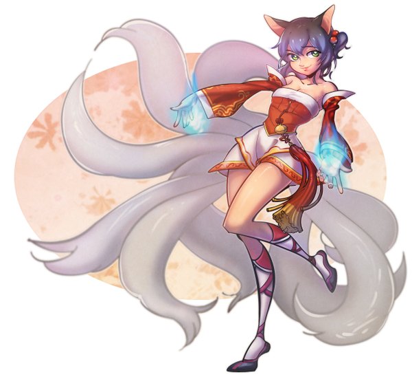 Anime picture 2436x2241 with league of legends ahri (league of legends) kukon (artist) single long hair highres black hair bare shoulders green eyes animal ears looking away ponytail tail animal tail fox ears magic side ponytail fox tail fox girl multiple tails