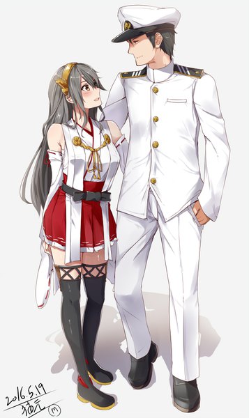 Anime picture 632x1062 with kantai collection haruna battleship admiral (kantai collection) sakamoto-cat long hair tall image blush fringe short hair open mouth black hair simple background smile hair between eyes standing white background bare shoulders holding brown eyes signed