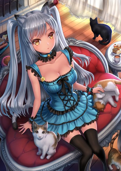 Anime picture 1527x2160 with original youbou single long hair tall image sitting animal ears yellow eyes silver hair tail animal tail cat ears cat girl cat tail girl thighhighs dress black thighhighs animal cat