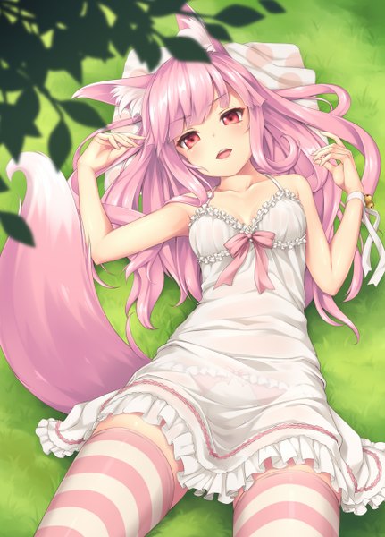 Anime picture 912x1268 with original sasaame single long hair tall image blush open mouth red eyes animal ears pink hair tail animal tail fox ears fox tail fox girl girl thighhighs dress striped thighhighs sundress