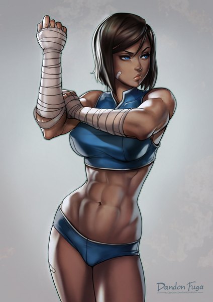 Anime picture 630x891 with avatar: the legend of korra korra dandon fuga single tall image fringe short hair breasts blue eyes light erotic black hair simple background hair between eyes standing signed looking away arm up realistic grey background midriff