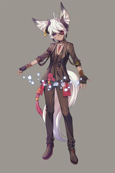 Anime picture 800x1200 with blade & soul lyn (blade & soul) cm single tall image looking at viewer fringe short hair simple background smile red eyes standing purple eyes animal ears full body ahoge white hair tail head tilt animal tail