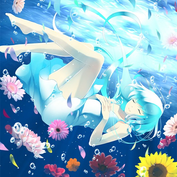 Anime picture 800x800 with original ayase hazuki single long hair smile bare shoulders blue hair bent knee (knees) eyes closed barefoot sunlight bare legs no shoes underwater girl dress flower (flowers) petals water bubble (bubbles)