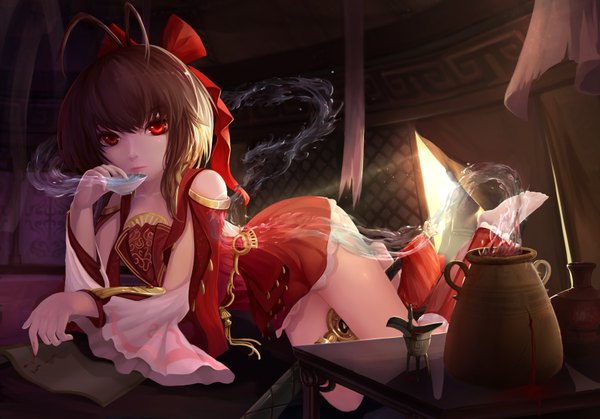 Anime picture 3424x2396 with original ensinn single looking at viewer highres short hair light erotic red eyes brown hair bare shoulders absurdres ahoge girl dress ribbon (ribbons) weapon hair ribbon sword alcohol sake