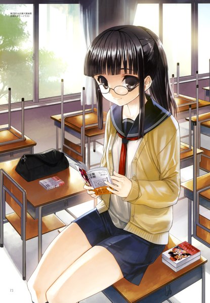 Anime picture 2407x3481 with koin (foxmark) long hair tall image looking at viewer highres black hair smile sitting ponytail black eyes classroom girl skirt miniskirt shirt glasses serafuku window book (books) school bag