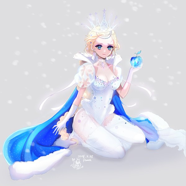 Anime picture 1000x1000 with frozen (disney) disney elsa (frozen) olaf (frozen) punch (bandi) single long hair blue eyes light erotic blonde hair smile sitting holding bent knee (knees) braid (braids) grey background alternate costume kneeling single braid alternate hairstyle