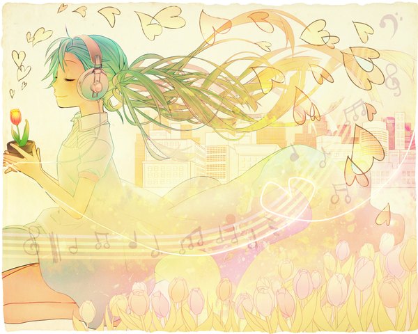 Anime picture 2000x1600 with vocaloid hatsune miku keishi long hair highres twintails eyes closed multicolored hair light smile aqua hair girl flower (flowers) heart headphones building (buildings) musical note