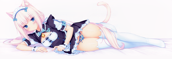 Anime picture 3004x1030 with neko paradise neko works (studio) neko works 04 (artbook) vanilla (nekopara) sayori single looking at viewer blush fringe highres blue eyes light erotic simple background wide image animal ears payot pink hair white hair tail lying