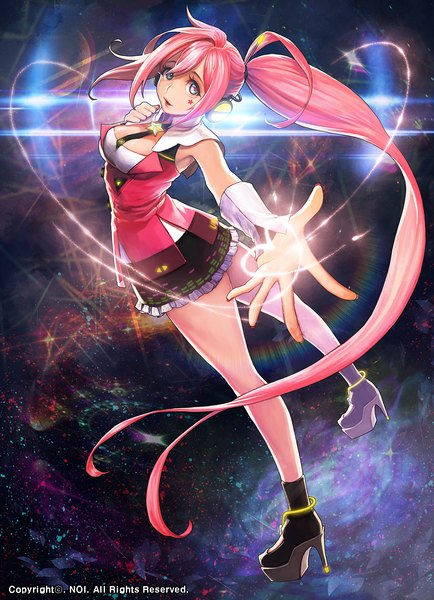Anime picture 1000x1382 with vocaloid uni (vocaloid) noixen single tall image looking at viewer fringe breasts open mouth blue eyes large breasts standing signed pink hair cleavage ahoge ponytail very long hair looking back arm up