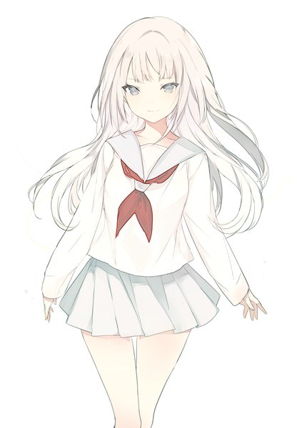 Anime picture 647x932 with original lpip single long hair tall image looking at viewer blush fringe simple background smile standing white background white hair long sleeves pleated skirt grey eyes thigh gap sleeves past wrists girl skirt