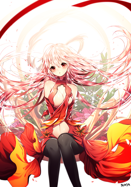Anime picture 700x1000 with guilty crown production i.g yuzuriha inori fyu-neru sorolp single long hair tall image looking at viewer blush breasts light erotic red eyes large breasts sitting bare shoulders signed pink hair cleavage center opening