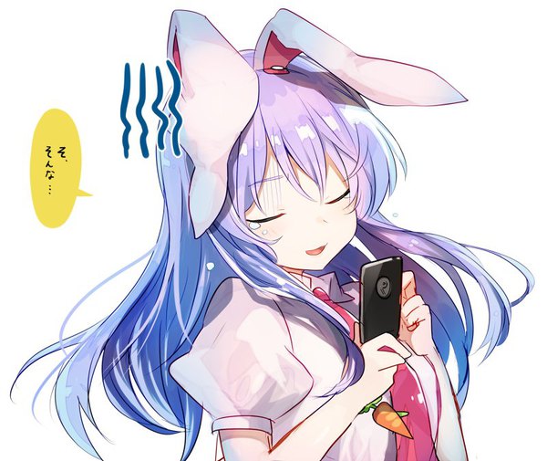 Anime picture 800x674 with touhou reisen udongein inaba nuudoru single long hair open mouth simple background white background animal ears purple hair upper body eyes closed bunny ears puffy sleeves text girl mobile phone smartphone speech bubble