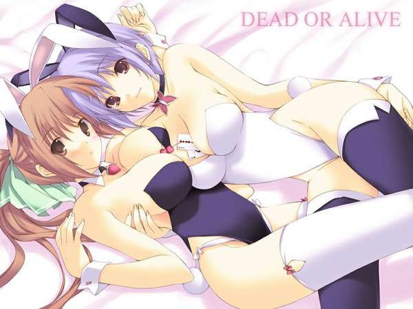 Anime picture 1024x768 with dead or alive kasumi (doa) ayane (doa) iizuki tasuku light erotic bunny girl shoujo ai girl thighhighs choker bunnysuit