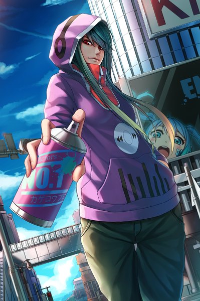 Anime picture 900x1354 with kagerou project shaft (studio) ene (kagerou project) kido tsubomi nian (zhanian) single long hair tall image looking at viewer red eyes sky cloud (clouds) green hair city hand in pocket girl jacket hood building (buildings) jeans