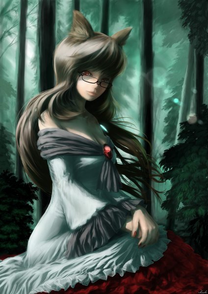 Anime picture 2480x3508 with touhou imaizumi kagerou koshi (koshi vortex) single long hair tall image looking at viewer highres black hair red eyes animal ears girl dress plant (plants) tree (trees) glasses