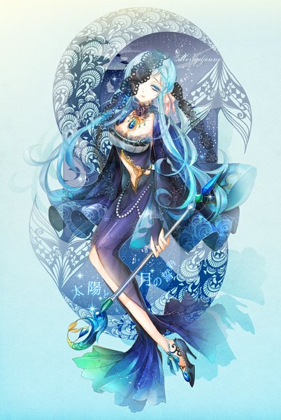 Anime picture 670x1000 with ajio (artist) single long hair tall image fringe breasts sitting holding looking away cleavage lips aqua hair high heels legs glow girl navel ribbon (ribbons) hair ribbon shoes