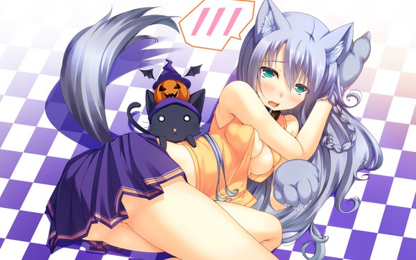 Anime picture 1920x1200 with original ayatudura long hair looking at viewer blush highres breasts open mouth light erotic wide image green eyes animal ears silver hair lying cat ears cat girl cat tail checkered floor girl skirt