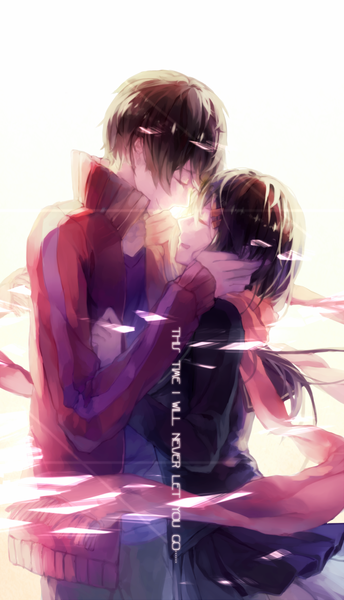 Anime picture 670x1169 with kagerou project shaft (studio) tateyama ayano kisaragi shintarou spencer sais long hair tall image fringe short hair open mouth smile brown hair standing eyes closed profile pleated skirt open clothes open jacket face to face glow