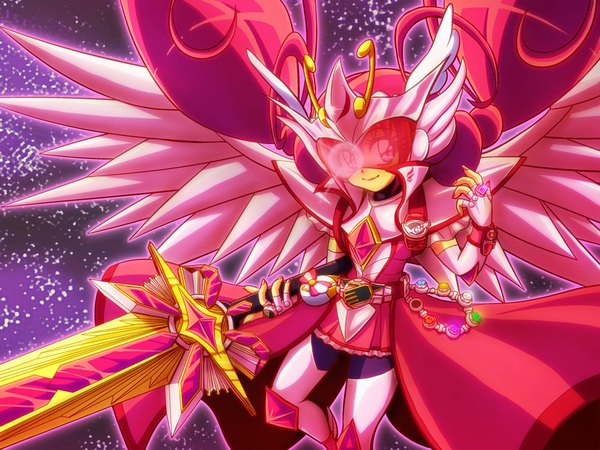 Anime picture 1000x750 with precure smile precure! toei animation hoshizora miyuki cure happy single long hair looking at viewer smile twintails red hair pink eyes girl gloves weapon sword wings armor fingerless gloves ring
