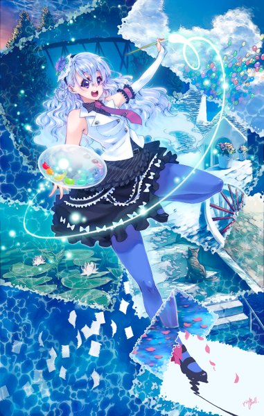 Anime picture 2000x3144 with original pixiv takanashi ringo long hair tall image highres open mouth purple eyes cloud (clouds) white hair hair flower painting girl gloves hair ornament flower (flowers) pantyhose necktie cat balloon