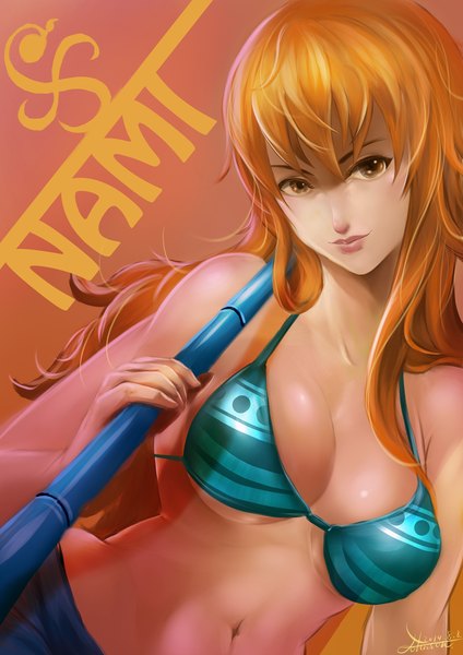 Anime picture 1414x2000 with one piece toei animation nami (one piece) johnson zhuang single long hair tall image breasts light erotic smile large breasts brown eyes lips orange hair inscription orange background girl navel lingerie bra