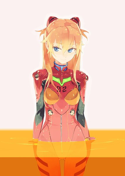Anime picture 1488x2087 with neon genesis evangelion rebuild of evangelion evangelion: 2.0 you can (not) advance gainax soryu asuka langley shikinami asuka langley shihou (g-o-s) single long hair tall image looking at viewer fringe blue eyes light erotic standing light smile orange hair midriff wet hands behind back