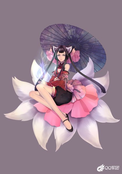 Anime picture 1050x1500 with league of legends ahri (league of legends) single long hair tall image looking at viewer black hair simple background sitting twintails animal ears fox tail multiple tails girl detached sleeves shorts umbrella