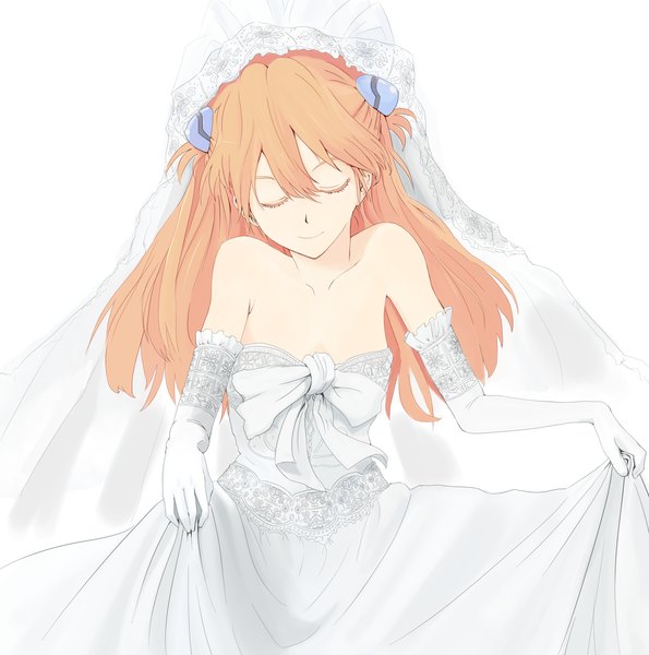 Anime picture 1280x1292 with neon genesis evangelion gainax soryu asuka langley yammy (pixiv) single long hair tall image fringe simple background smile standing white background bare shoulders eyes closed light smile orange hair girl dress gloves bow