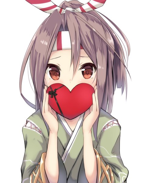 Anime picture 1024x1280 with kantai collection zuihou light aircraft carrier amano kouki single long hair tall image looking at viewer blush simple background hair between eyes white background brown eyes upper body ponytail traditional clothes japanese clothes grey hair covered mouth valentine girl