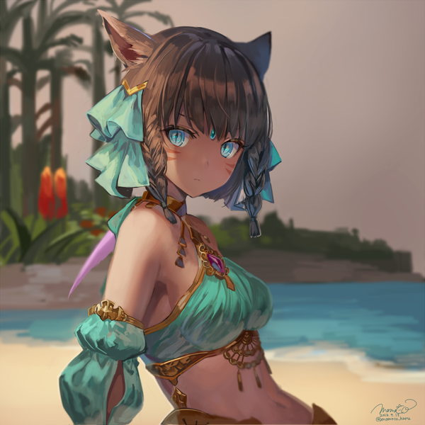Anime picture 1200x1200 with final fantasy final fantasy xiv square enix miqo'te momoko (momopoco) single looking at viewer fringe short hair breasts blue eyes brown hair bare shoulders signed animal ears upper body outdoors braid (braids) traditional clothes head tilt