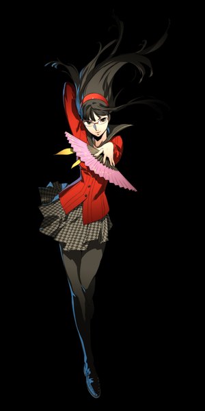 Anime picture 1024x2048 with persona 4 persona amagi yukiko soejima shigenori single long hair tall image looking at viewer black hair simple background standing holding pleated skirt wind black eyes outstretched arm black background arm behind head girl thighhighs