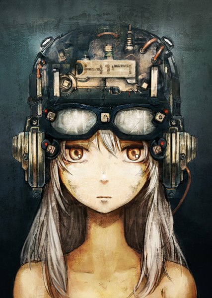 Anime picture 711x1000 with original toi (number8) single long hair tall image looking at viewer bare shoulders white hair orange eyes cyberpunk girl glasses