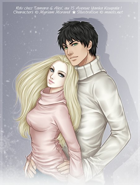 Anime picture 728x967 with m-aelis long hair tall image looking at viewer short hair breasts black hair blonde hair green eyes lips silver eyes girl boy sweater