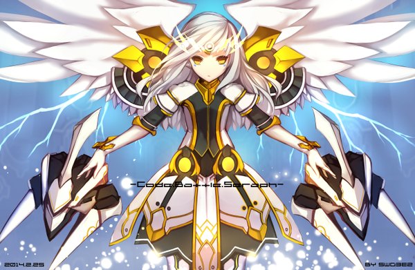 Anime picture 2716x1771 with elsword swd3e2 single long hair looking at viewer highres yellow eyes white hair inscription girl dress wings