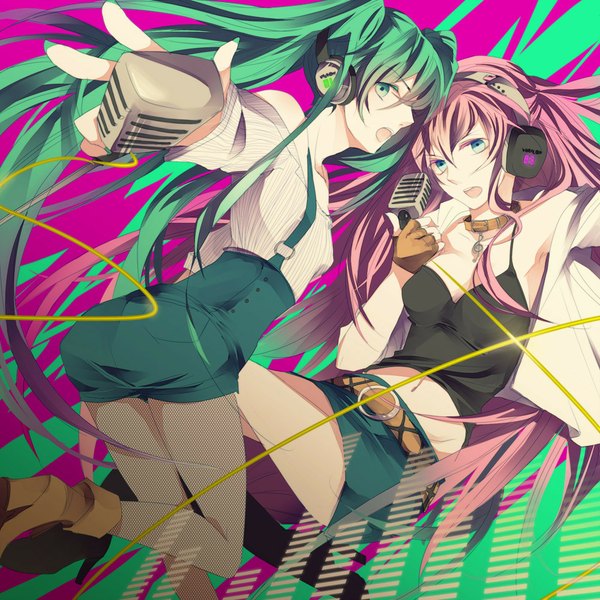 Anime picture 1000x1000 with vocaloid hatsune miku megurine luka jikei long hair open mouth twintails bare shoulders multiple girls green eyes pink hair nail polish green hair treble clef girl gloves navel 2 girls headphones microphone