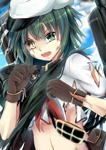 Anime picture 723x1023 with kantai collection kiso light cruiser suitenjh single tall image short hair open mouth green eyes yellow eyes sky cloud (clouds) green hair heterochromia fighting stance girl gloves navel hat sailor suit