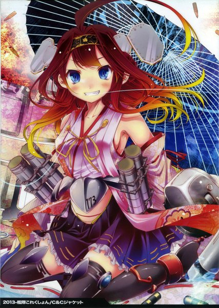 Anime picture 1200x1686 with kantai collection kamiya yuu single long hair tall image looking at viewer blush fringe open mouth blue eyes smile brown hair holding ahoge pleated skirt multicolored hair mouth hold gradient hair girl skirt