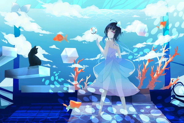 Anime picture 1600x1067 with original .l.l long hair bare shoulders cloud (clouds) ahoge pink eyes multicolored hair barefoot from behind aqua hair bare legs gradient hair underwater surreal girl dress bow hair bow animal
