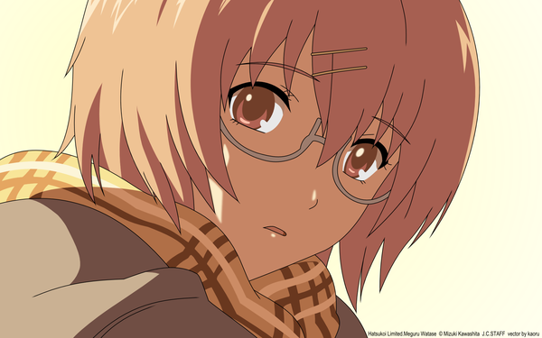 Anime picture 1920x1200 with hatsukoi limited j.c. staff watase meguru single looking at viewer highres short hair open mouth simple background blonde hair wide image wallpaper portrait vector yellow background girl hair ornament glasses hairclip scarf