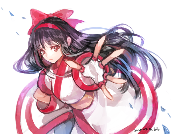 Anime picture 1000x784 with samurai spirits nakoruru interitio single long hair looking at viewer fringe black hair simple background red eyes white background signed traditional clothes japanese clothes hand on hip 2014 girl gloves bow hair bow