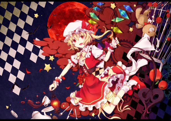 Anime picture 1228x868 with touhou flandre scarlet gensou aporo single looking at viewer short hair open mouth blonde hair red eyes one side up red moon girl dress weapon animal petals wings socks frills moon