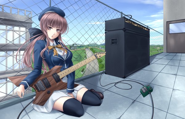 Anime picture 1400x900 with original mochi.f single long hair brown hair girl thighhighs black thighhighs hat musical instrument wire (wires) guitar