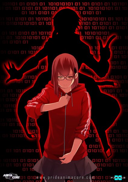 Anime picture 1169x1654 with dream-of-abell single tall image looking at viewer fringe short hair standing red hair orange eyes girl skirt hair ornament glasses hairclip hood hoodie