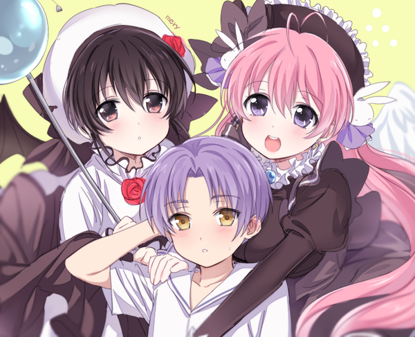 Anime picture 800x650 with pita ten misha (pita ten) shia (pita ten) higuchi kotarou mery (yangmalgage) long hair looking at viewer blush fringe short hair open mouth black hair hair between eyes twintails purple eyes multiple girls signed yellow eyes pink hair purple hair