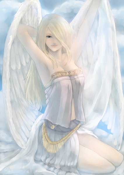 Anime picture 2507x3541 with original hiru (artist) single long hair tall image looking at viewer fringe highres breasts blonde hair bare shoulders sky cloud (clouds) light smile lips hair over one eye pale skin white wings angel girl